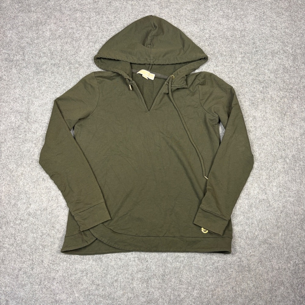 Michael Kors Olive Green V-Neck Hoodie Crossover Hem Gold Logo Small